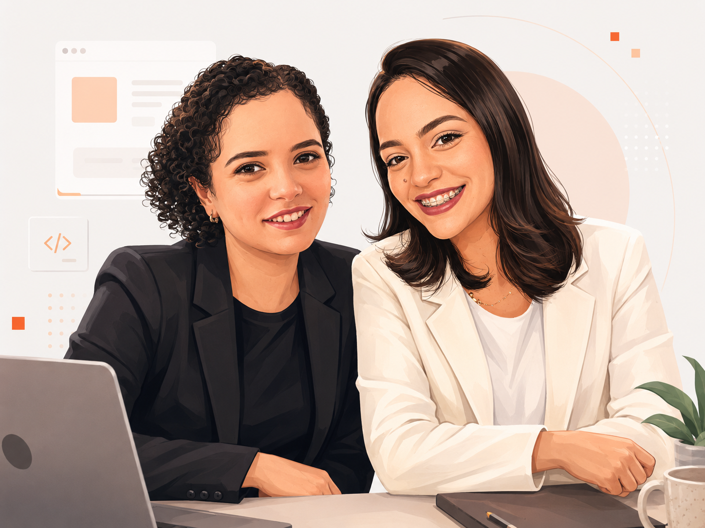 Illustrated portrait of sisters Vivian and Daniela Guillen working together at a laptop